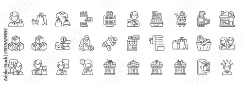 Retail Store Icon set Collection in Line Style. customer, product, display, cashier, discount, stock