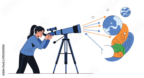 Young woman looking through a telescope at colorful abstract shapes and symbols representing vision, foresight, and future exploration.