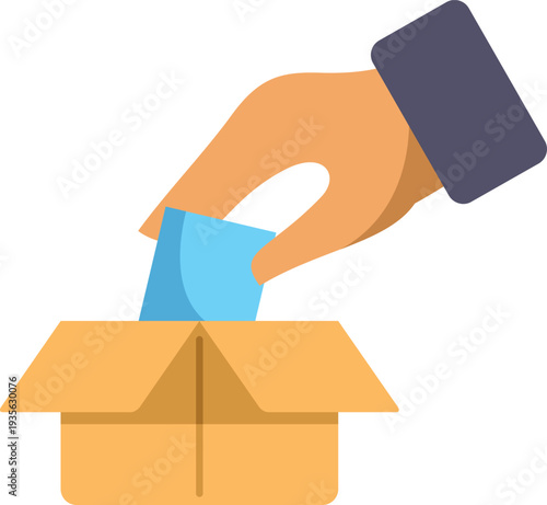 Flat design illustration of a hand placing a voting paper into a ballot box symbolizing election