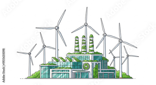Sustainable Factory with Wind Turbines.