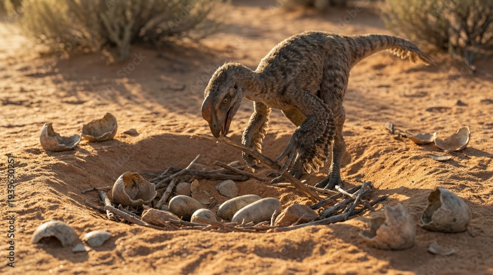 Fototapeta premium Dinosaur hatchling in desert nest with fragmented eggs and surrounding dry vegetation under sunlight