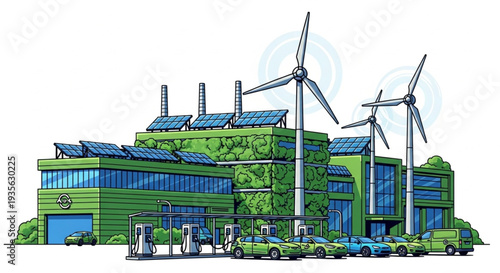 Sustainable Factory with Wind Turbines.