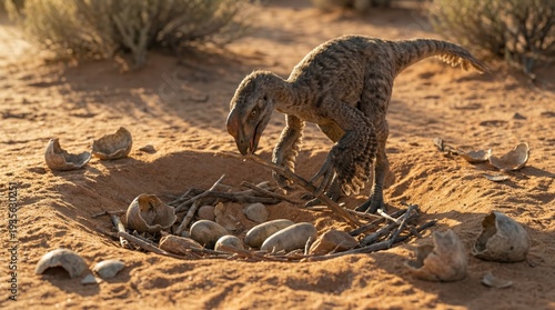 Dinosaur hatchling in desert nest with fragmented eggs and surrounding dry vegetation under sunlight