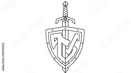 Heraldic shield emblem featuring a sword and crest with intricate linework and medieval symbolism.