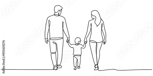 Front view of parents with their little kid holding hands and walking together black linear sketch, Happy family in continuous line art drawing style. Front view of parents with their little kid