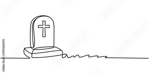Tombstone with flag continuous one line drawing, Gravestone R.I.P continuous one line art drawing of Halloween, grave, cemetery, death, memorial day, Memorial day background with soldier and graves