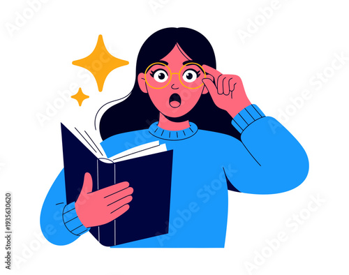 A surprised woman wearing glasses holds a book with a shocked expression and a star above her head