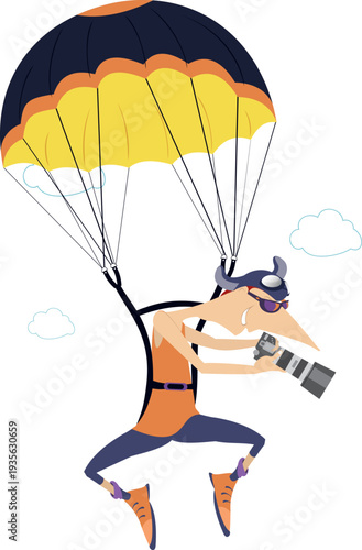 Funny skydiver man with photographic equipment