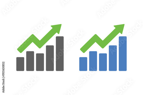 A vector graphic illustration of two bar charts with green arrows indicating growth and increase in data