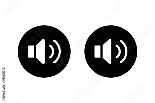A pair of black and white speaker icons with sound waves on a transparent background