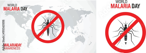 World Malaria Day awareness vector illustration with stop mosquito sign on world map background, global health campaign for malaria prevention and control.
