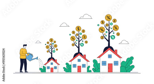 Smart investor watering small houses that grow into tall trees bearing financial fruits of money coins and percentage symbols.