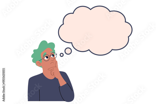 A cartoon man with green hair thinking deeply with a blank speech bubble above his head