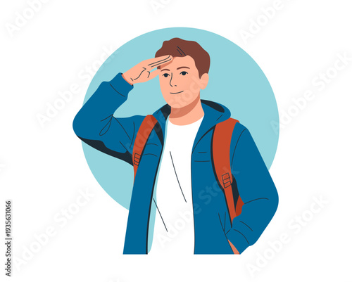 A young man wearing a backpack looks into the distance with a thoughtful expression on his face.