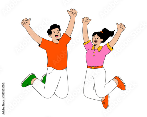 A joyful couple jumping in the air with excitement and happiness