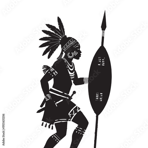 Silhouetted Indigenous Warrior with Spear and Shield in Ceremonial Attire.