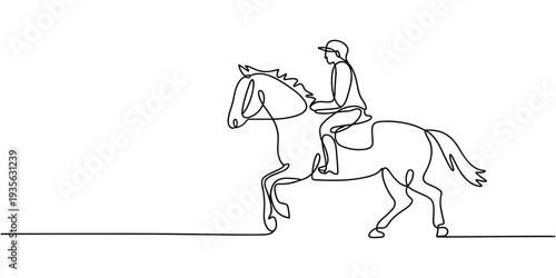 One continuous line drawing of young horse rider woman in action. Equine run training at racing track.one line vector illustration with white background