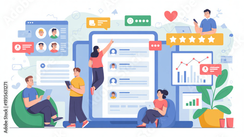 People interacting with large social media and online communication devices surrounded by chat bubbles and graphs