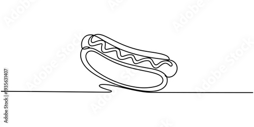 Continuous one line drawing of a hot dog. Vector illustration of fast food sausage in bun isolated on white background. Minimalist street food concept