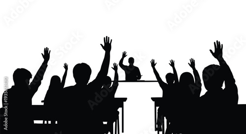 Students raising hands in a classroom setting dark silhouette