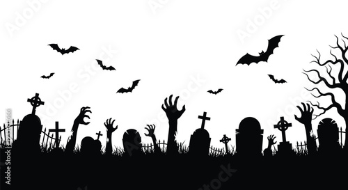 Spooky graveyard scene with reaching hands and bats a dark silhouette