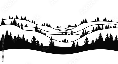 Mountain landscape with evergreen trees in striking black silhouette