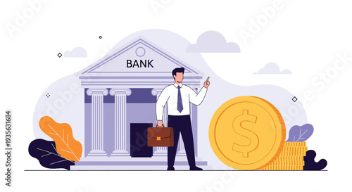 Successful bank customer with a briefcase pointing at a massive golden dollar coin in front of a classical bank building.