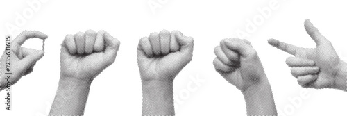 Diverse Hand Gestures Collection. Rock, Paper, Scissors game, pointing, showing zero, against white background, isolated