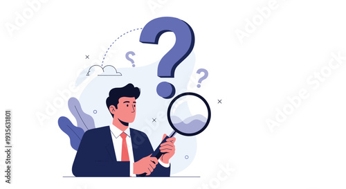 Professional man looking through a large magnifying glass at a giant blue question mark symbol for research.