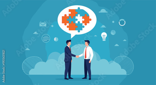 Two businessmen shaking hands while a speech bubble above them shows interlocking puzzle pieces for partnership.