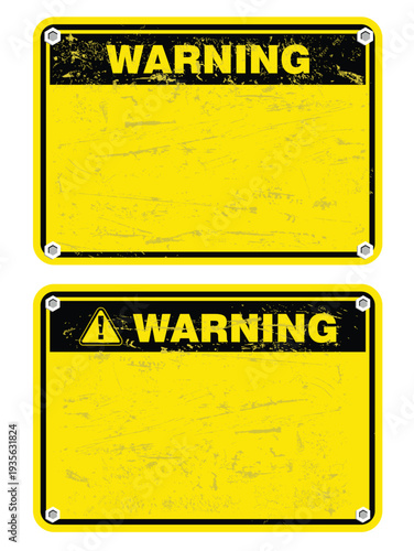 Distressed yellow and black warning signs blank customizable templates with grunge texture isolated vector illustration 