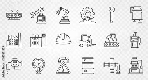 Industrial Icons Set Hand Drawn Sketch Style.