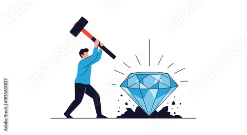 Man using a large sledgehammer to break open a giant sparkling blue diamond on a white background illustration.