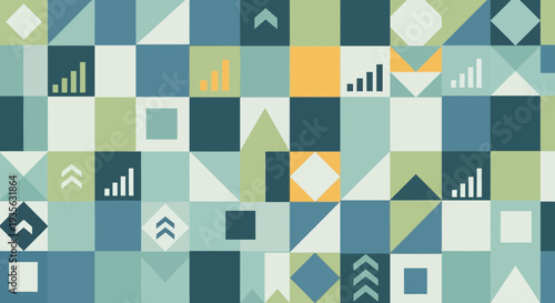 A dynamic abstract geometric pattern featuring squares, triangles, and arrows in muted blue, green, and orange tones.