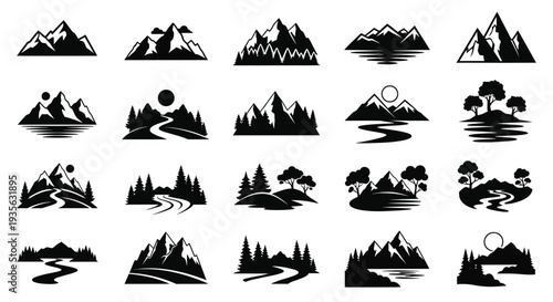 Collection of mountain and landscape silhouettes nature inspired design silhouette