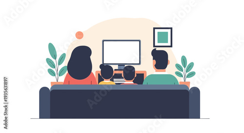 Family of four watching television together on a couch, enjoying indoor entertainment and leisure time at home.