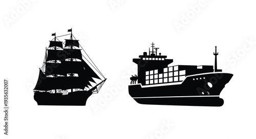 Two historic ships a tall ship and freighter in black silhouette