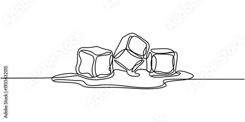 One continuous line illustration of stacked ice cubes, isolated on white background, Continuous line drawing of three ice cubes melting on a surface. Vector illustration, One continuous line.
