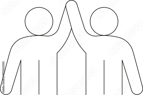 Outline icon of two people holding hands raised upward. Line symbol for friendship, volunteers, teamwork and mutual support. Editable stroke vector pictogram isolated on white background. vector 