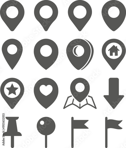 Collection of minimalist location pin and navigation icons flat vector design 
