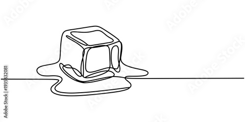 One continuous line illustration of stacked ice cubes, isolated on white background, Continuous line drawing of three ice cubes melting on a surface. Vector illustration, One continuous line.