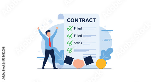 Successful businessman cheering in front of a large signed contract with checkmarks and a handshake icon below.