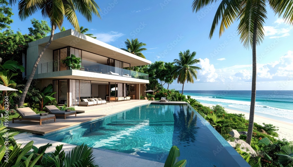Fototapeta premium A luxury tropical resort in Thailand features a serene swimming pool surrounded by lush palm trees and turquoise ocean water under a clear summer sky for a relaxing paradise vacation