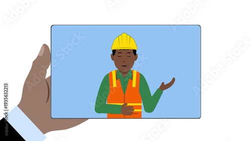 Tablet With Black Male Construction Worker Animation Video 4K suitable for your project needs