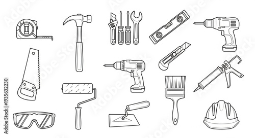 Collection of Hand Drawn Construction and Repair Tools.