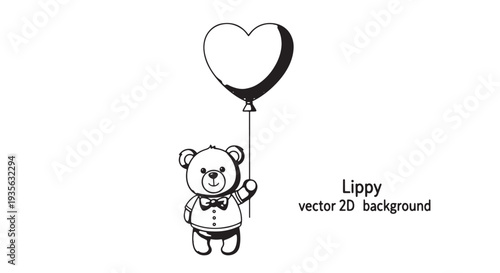 Delicate black and white line art of a teddy bear holding a heart balloon, a charming vector illustration.