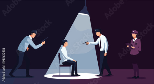 Interrogation scene with police officers pointing guns at a seated suspect under a bright spotlight in the dark.