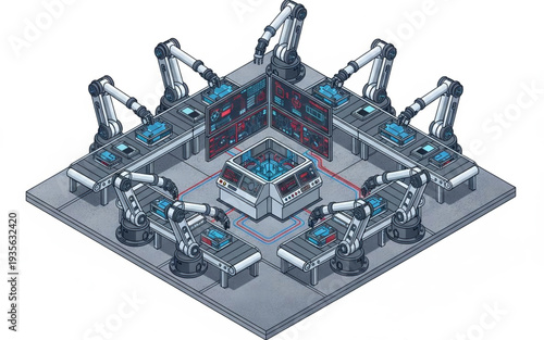 Industrial robots working together in a futuristic factory setting with automated machinery and equipment