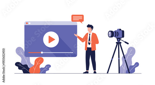 Video content creator standing in front of a large digital player window while filming with a professional camera on a tripod.