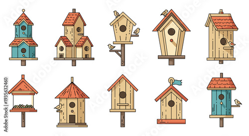 Collection of diverse wooden birdhouse designs provides various styles for nesting birds in garden and backyard spaces.